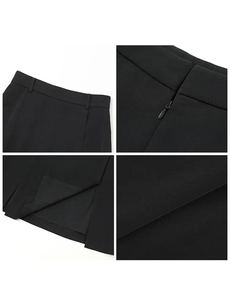Black High-Waist Pleated Midi Skirt with Slit