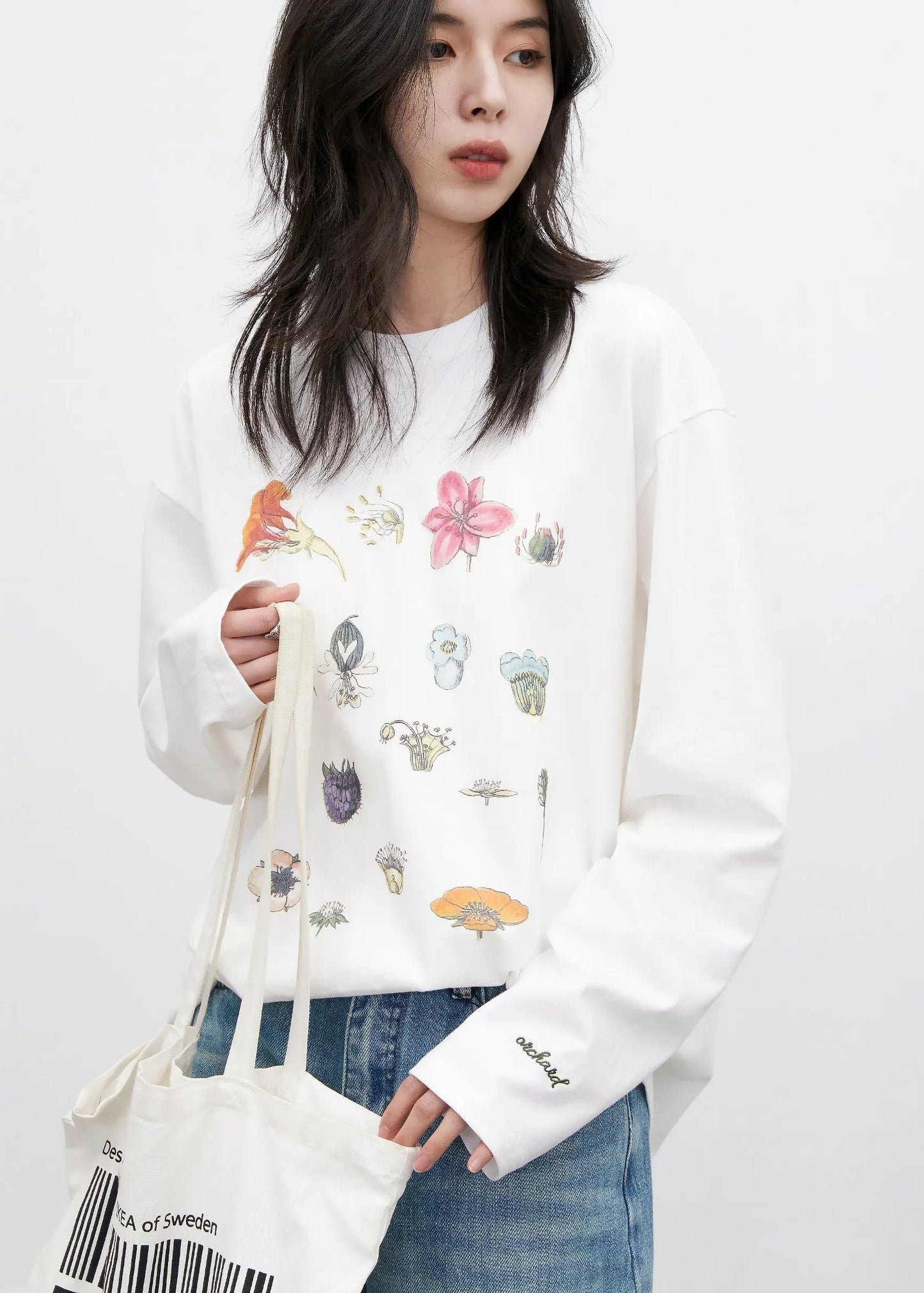 Floral & Fruit Print Long Sleeve T-Shirt Cotton Tee Loran