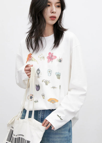 Floral & Fruit Print Long Sleeve T-Shirt Cotton Tee Loran