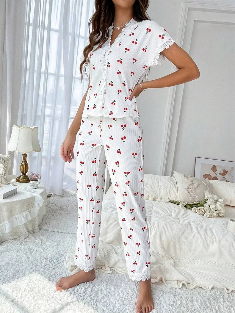 2-Piece Cherry Print Pajamas with Lace Trim.