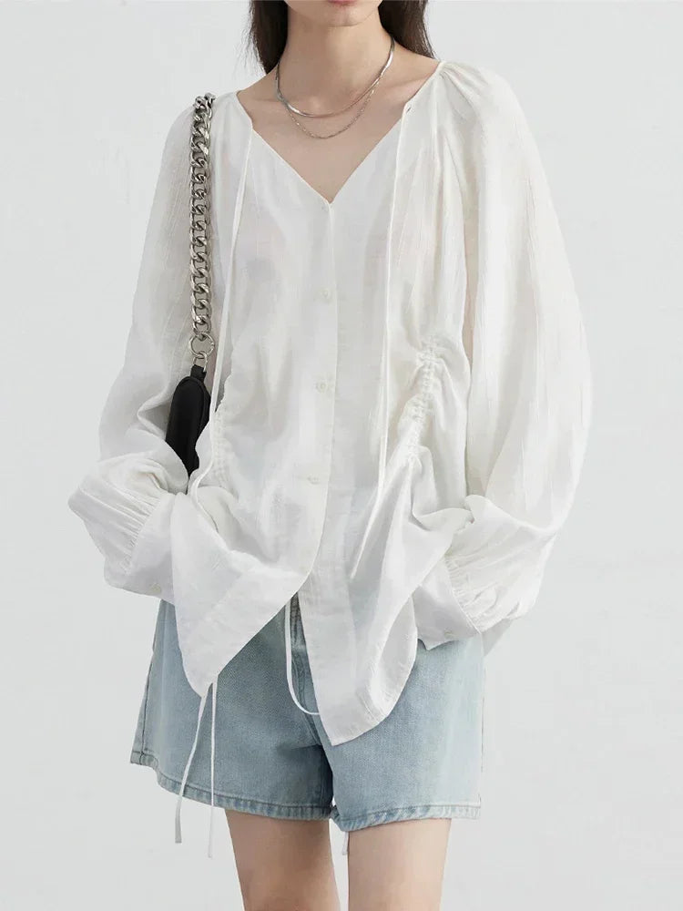 Women’s V-Neck Lace-Up Blouse Loose Pleated Spring Top Loran