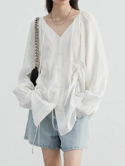 Women’s V-Neck Lace-Up Blouse Loose Pleated Spring Top Loran