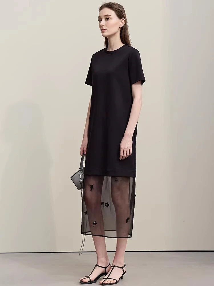 Amii Long Dresses 2026 Spring New Round Neck Short Sleeve Patchwork Women's Dress Removable Organza Elegant Dress Women 12651024 Loran