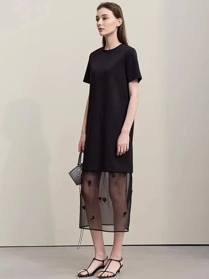 Amii Long Dresses 2026 Spring New Round Neck Short Sleeve Patchwork Women's Dress Removable Organza Elegant Dress Women 12651024 Loran