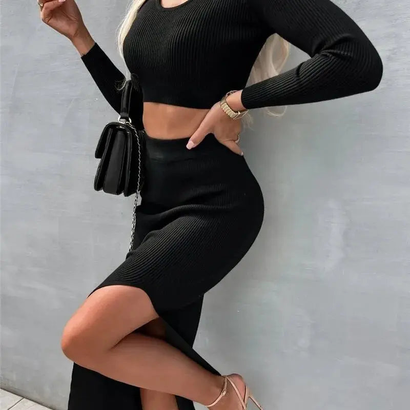Solid Knit 2-Piece Skirt Outfit - Loran