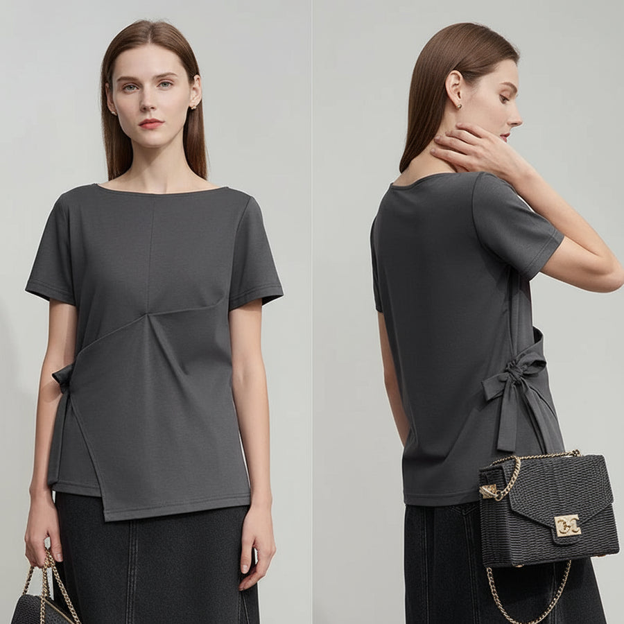 Woman wearing a gray top with a belt, shown from front and back, on a plain background.