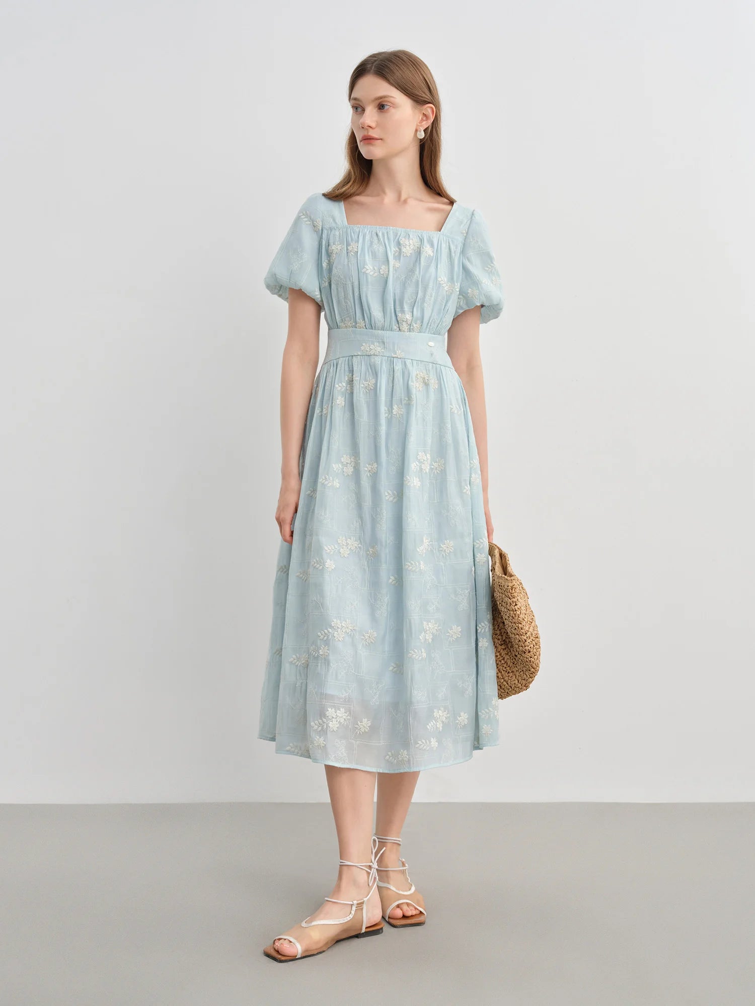 Floral Embroidered Square Neck Maxi Dress Summer Loran