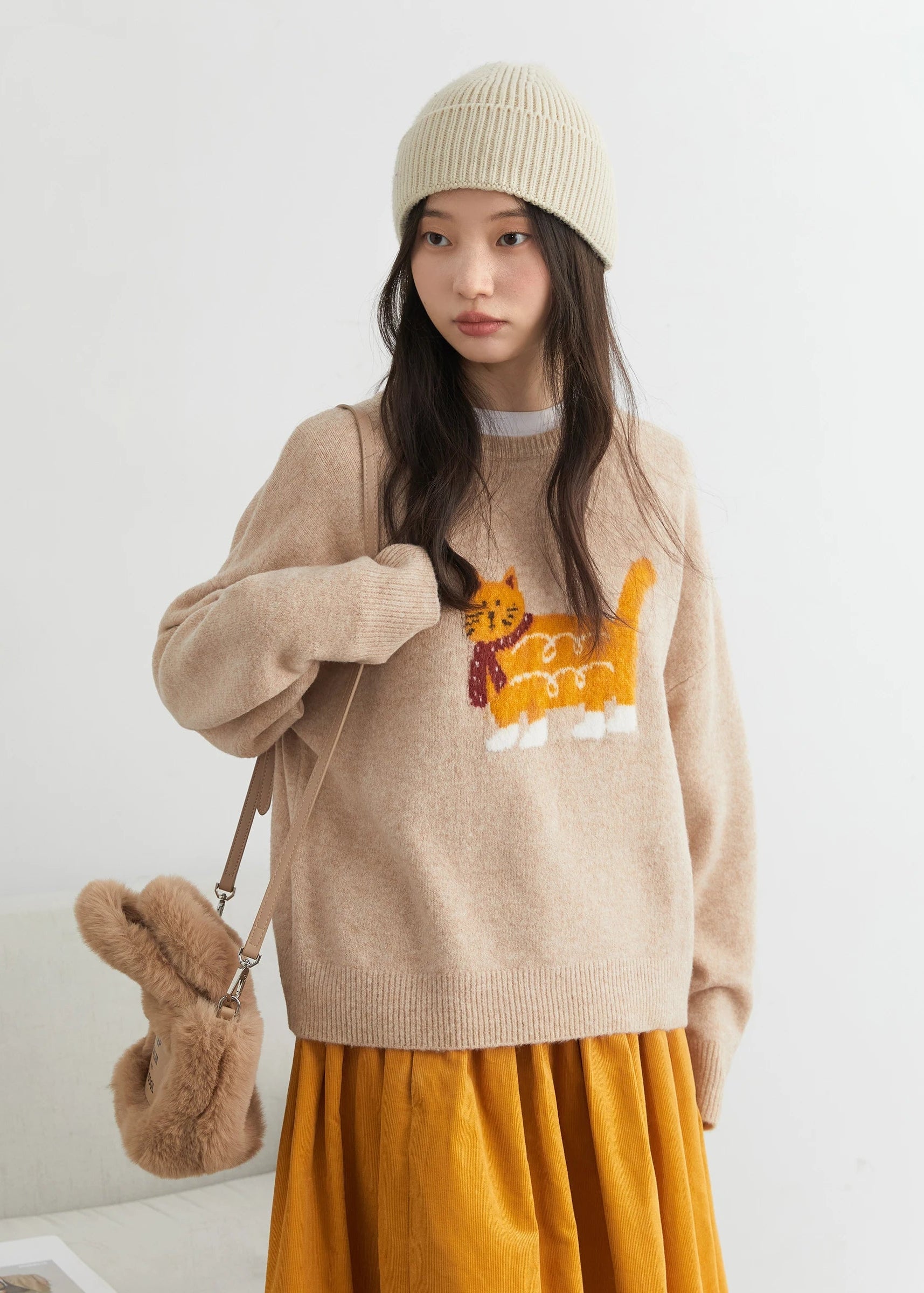 CHIC VEN New Women Sweaters Loose Casual O Neck Cartoon Cat Female Knitted Jumpers Pullovers for Girl Autumn Winter 2025 Loran