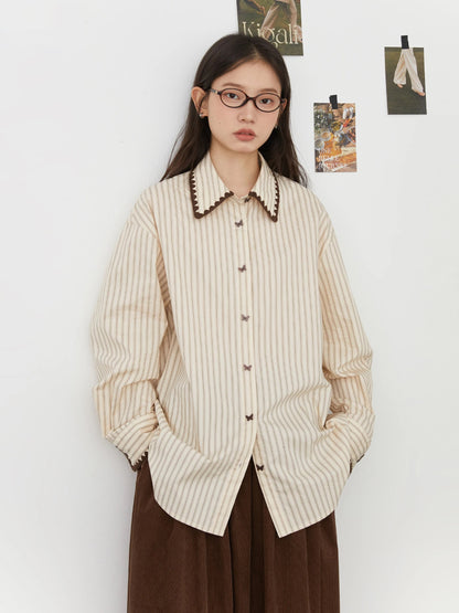 Women’s Striped Long Sleeve Blouse Loose Cotton Shirt Loran