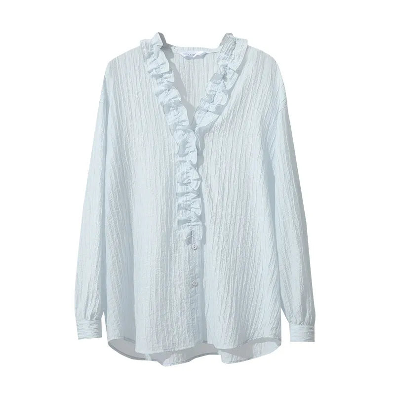 Amii Women Shirt 2026 Spring New Romantic Ruffles V-Neck Pullover Shirt Elegant Loose Long Sleeve Women's Blouses 12641123 Loran