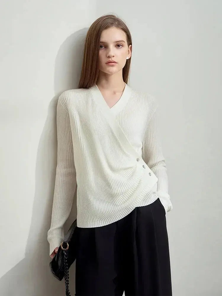 Women's V-Neck Knitted Sweater with Shell Buckle Detail - Loran