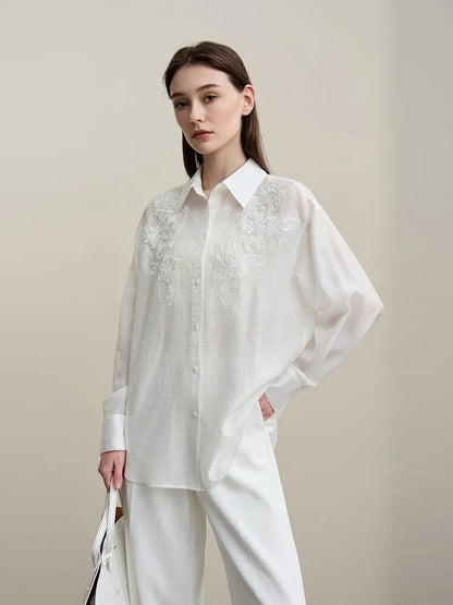 Amii Women Shirts 2026 Spring New Versatile Lapel Long Sleeve Shirt Women's Embroidery Casual Straight Mid‑Length Top 12641067 Loran