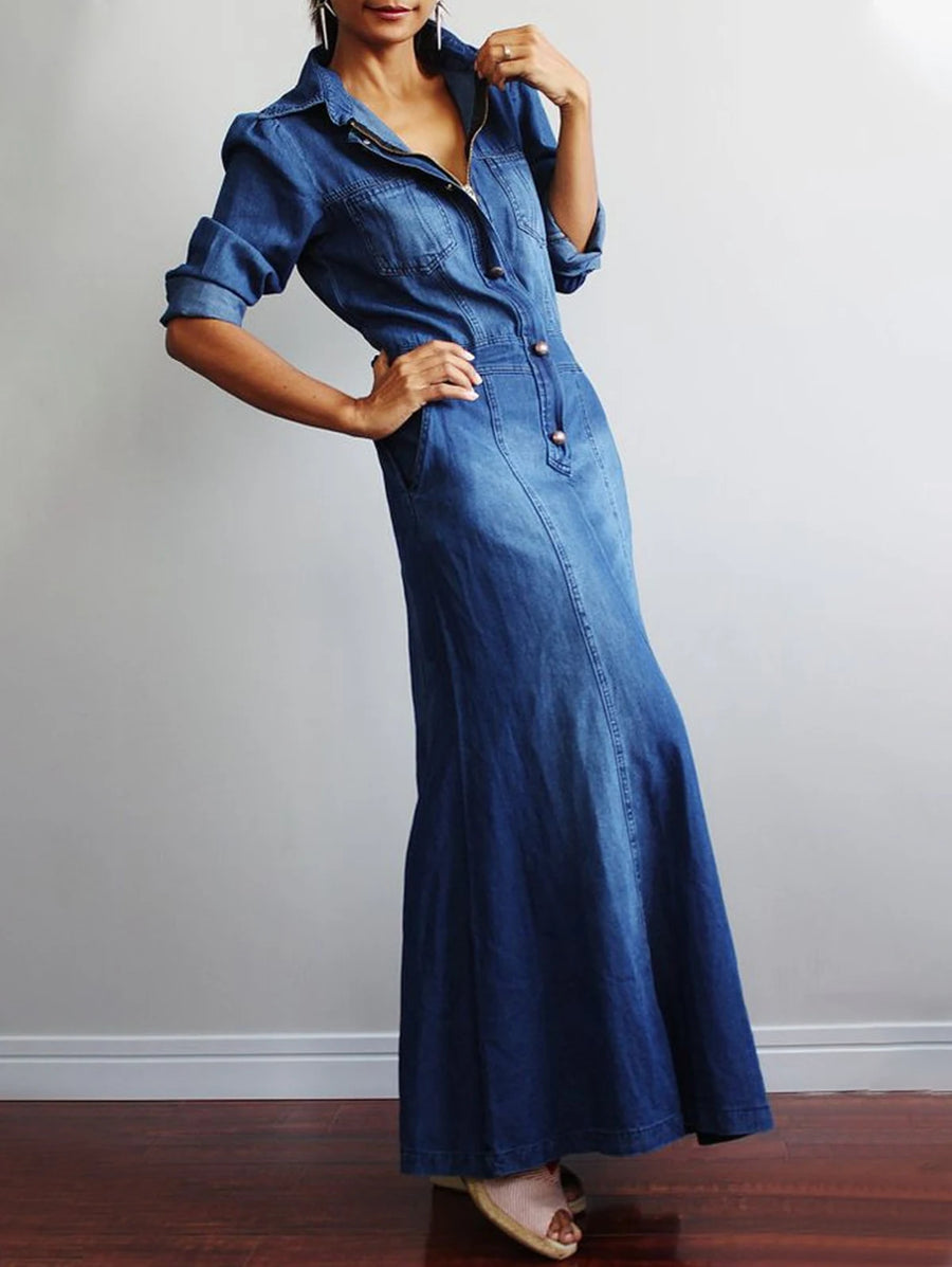 Maxi Denim Dress Long Sleeve - 3IN SMART Shop  #