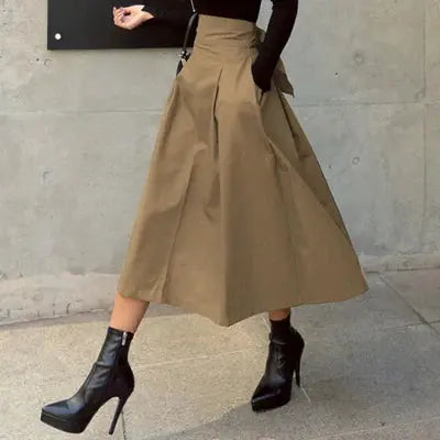 Solid Color Elegance: Slimming High-Waist Skirt with Bow Detail - Loran