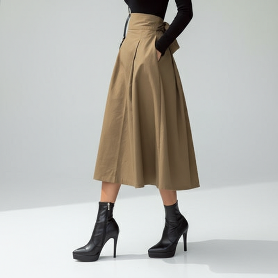 Solid Color Elegance: Slimming High-Waist Skirt with Bow Detail