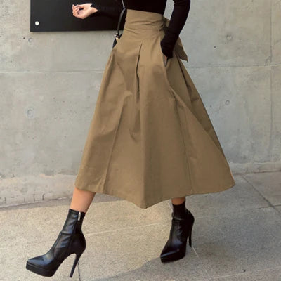Solid Color Elegance: Slimming High-Waist Skirt with Bow Detail