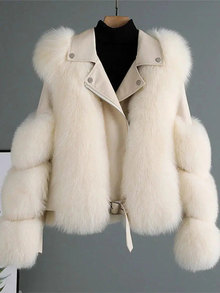 Faux Fur Jacket Patchwork Long Sleeve Pu Leather Fluffy - Loran