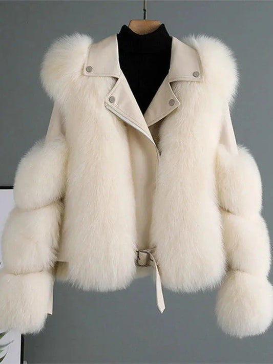 Faux Fur Jacket Patchwork Long Sleeve Pu Leather Fluffy - Loran