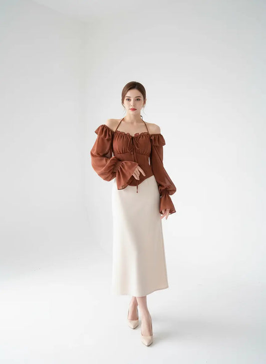 Halter Backless Blouse with Ruffle Flare Sleeves - Loran