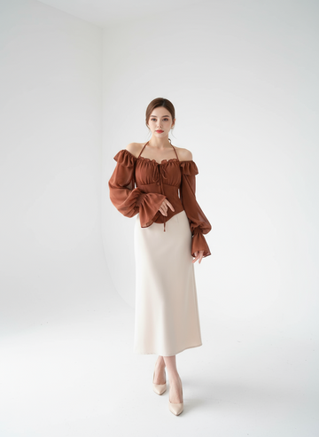 Halter Backless Blouse with Ruffle Flare Sleeves