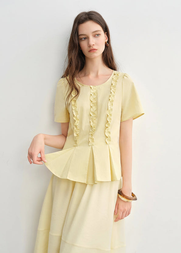 Plus Size Slimming Pleated Shirt Youthful Round Neck Loran