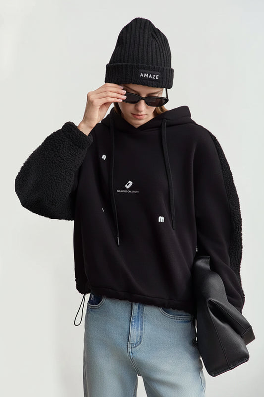 Embroidered Drawstring Faux Lamb Wool Sweatshirt