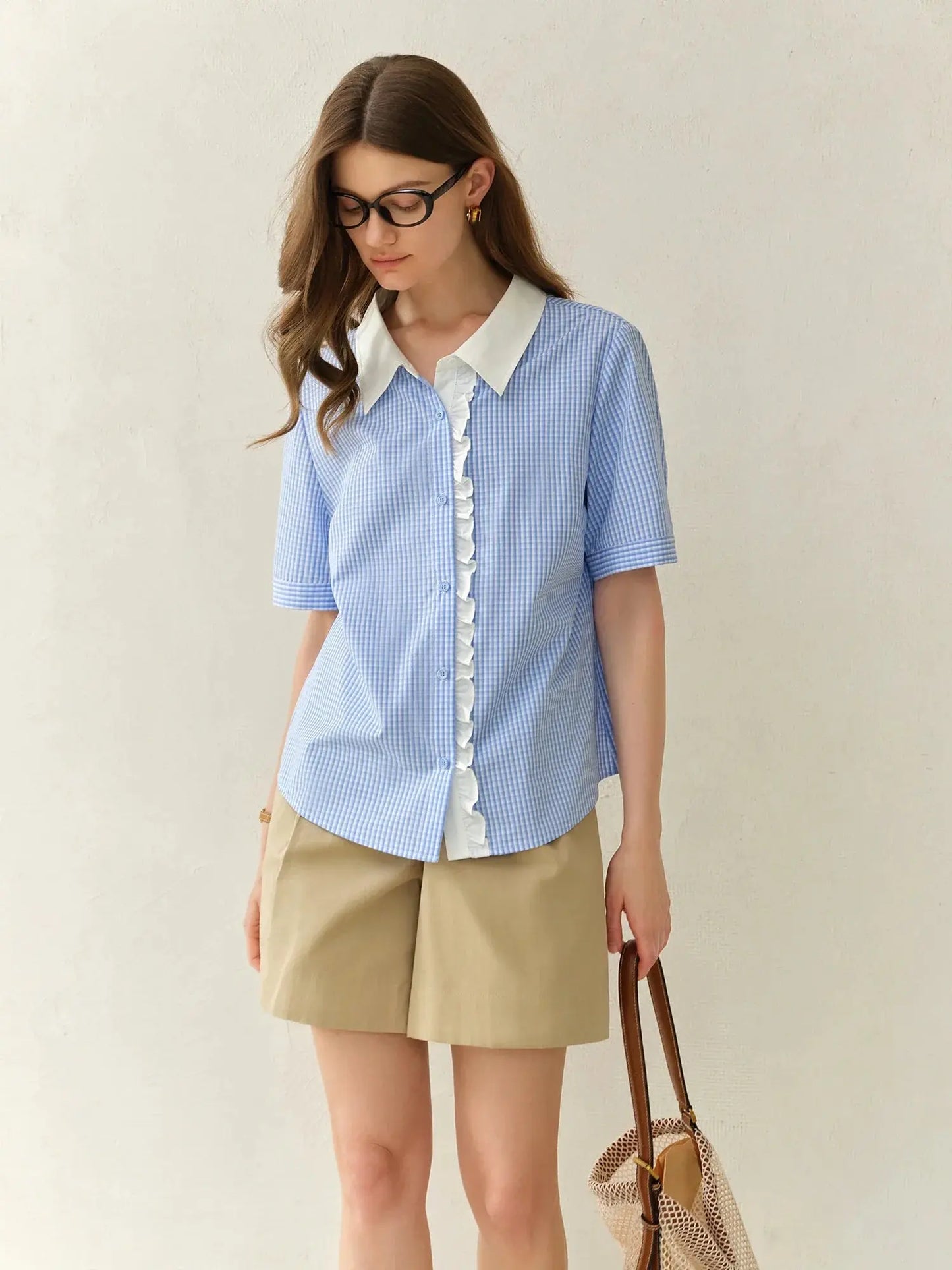 Plus Size Blue Plaid Retro Lace Shirt LORAN STORE