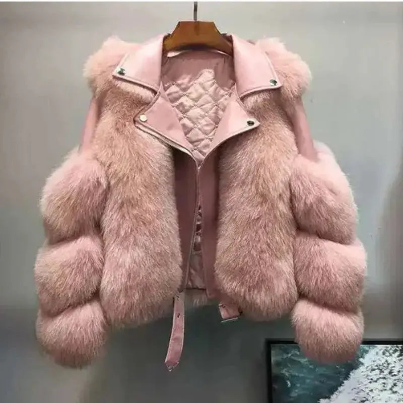 Faux Fur Jacket Patchwork Long Sleeve Pu Leather Fluffy - Loran