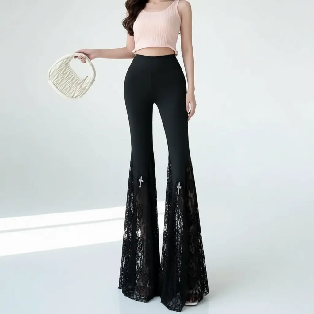 Gothic Black Lace Flare Pants - See-Through Mesh Trousers - Loran