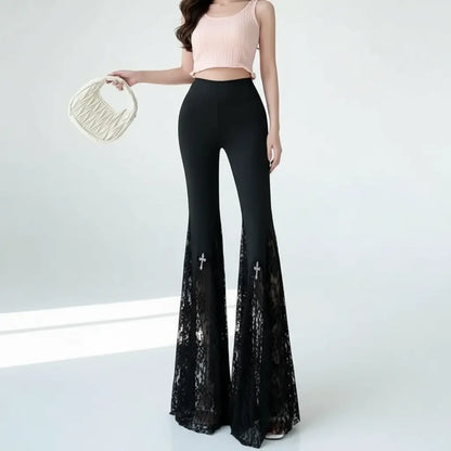 Gothic Black Lace Flare Pants - See-Through Mesh Trousers - Loran