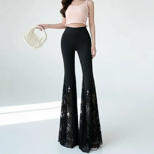 Gothic Black Lace Flare Pants - See-Through Mesh Trousers - Loran