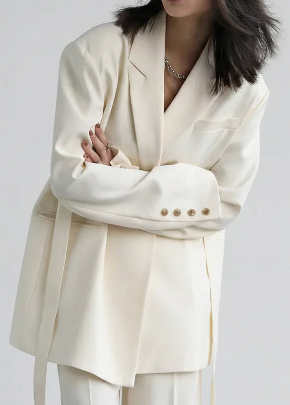 Wide Shoulder Ribbon Blazer Long Autumn Overcoat Loran