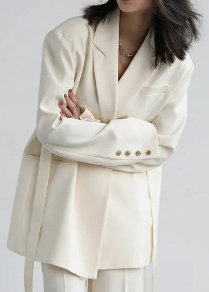 Wide Shoulder Ribbon Blazer Long Autumn Overcoat Loran