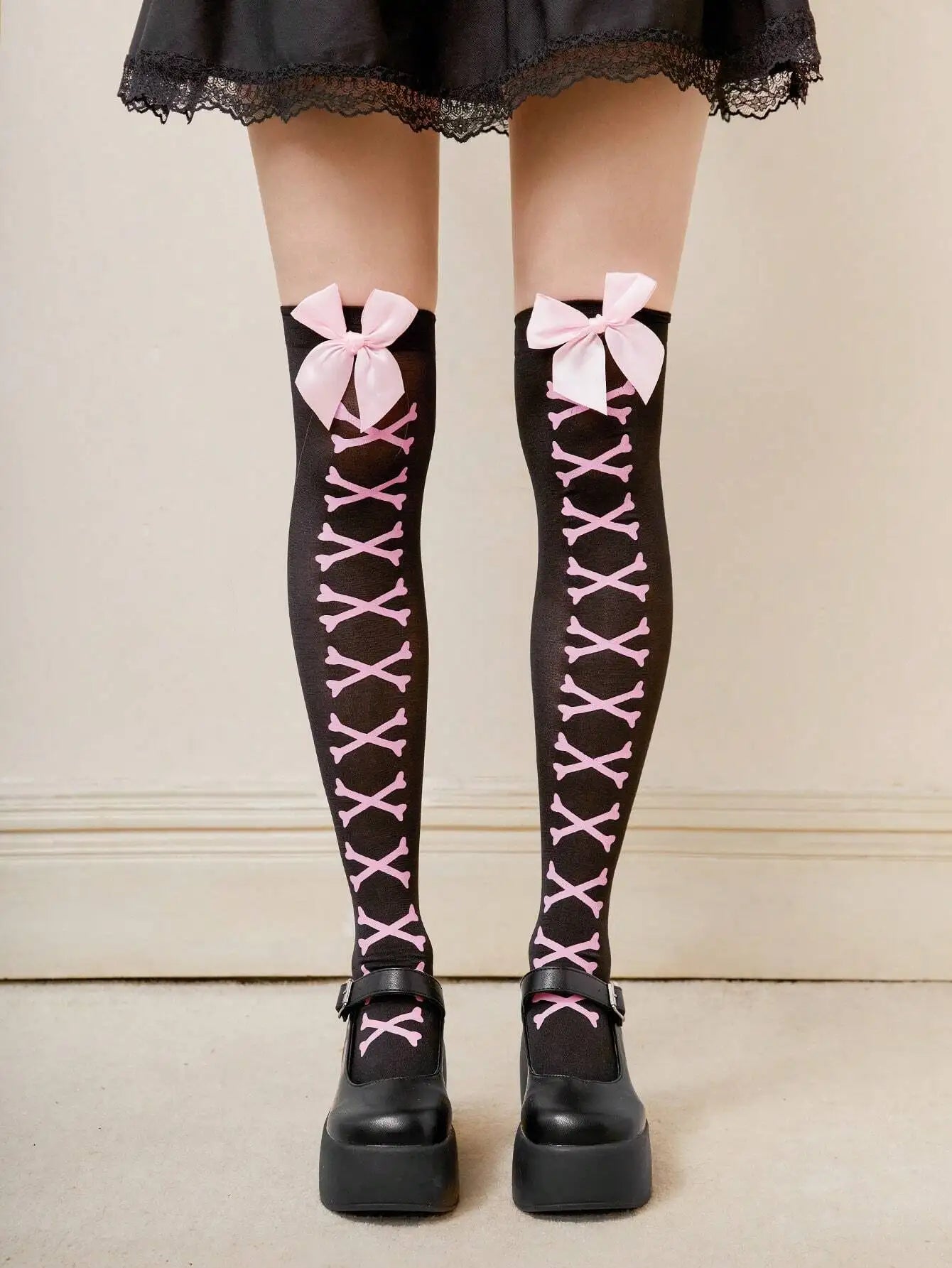Black Pink Bone Over-the-Knee Socks with Bows