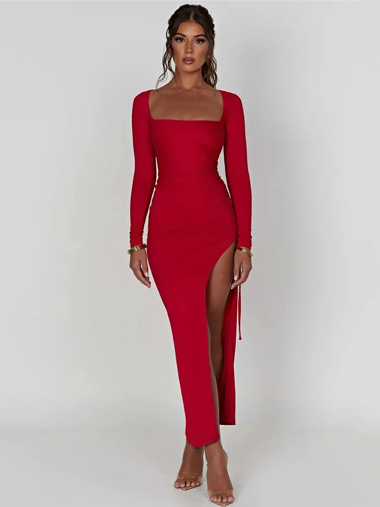 Long Sleeve Ruched High Split Maxi Dress - 3IN SMART Shop  #