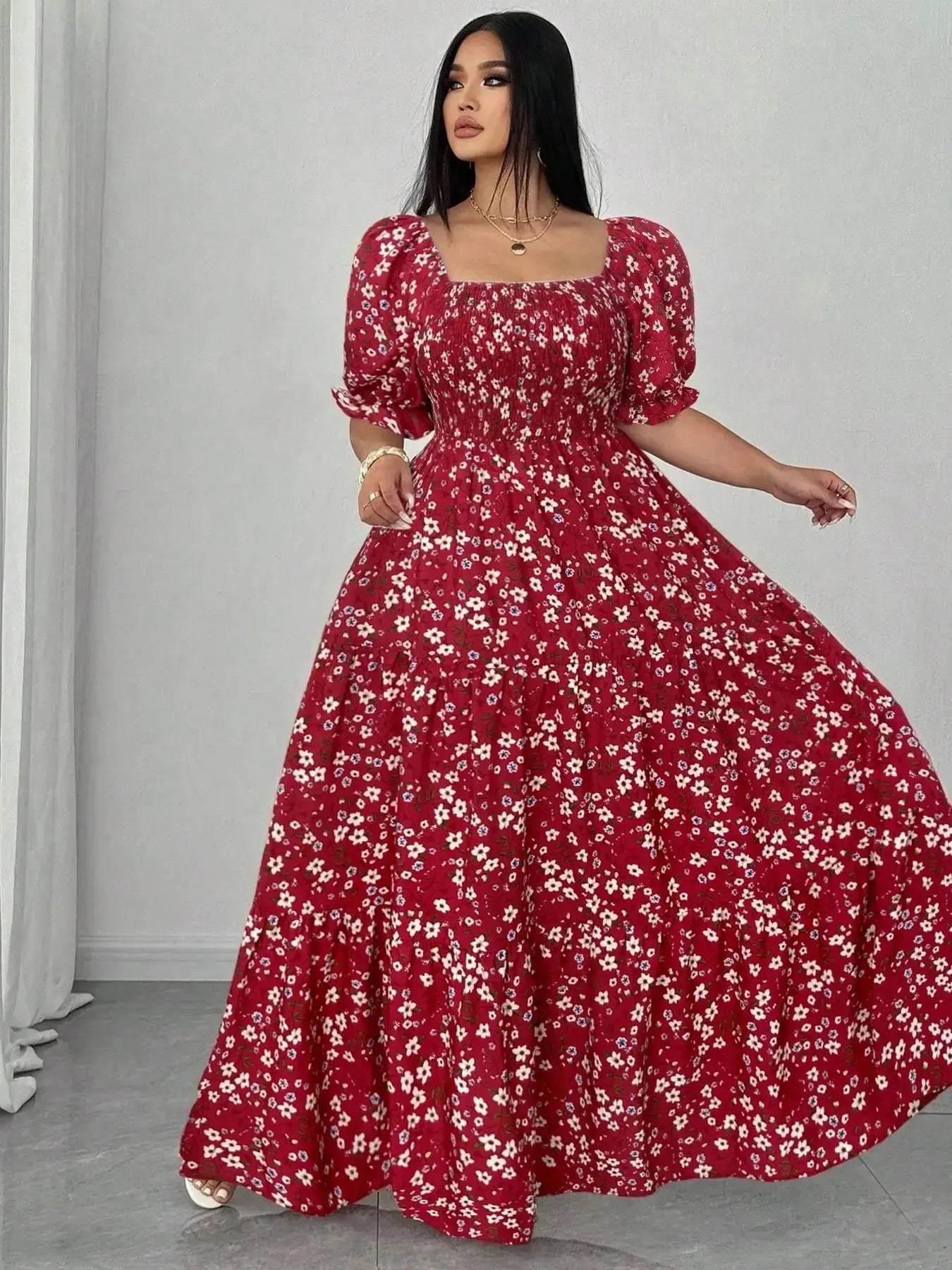 Plus Size Floral Fitted Woven Dress - Loran