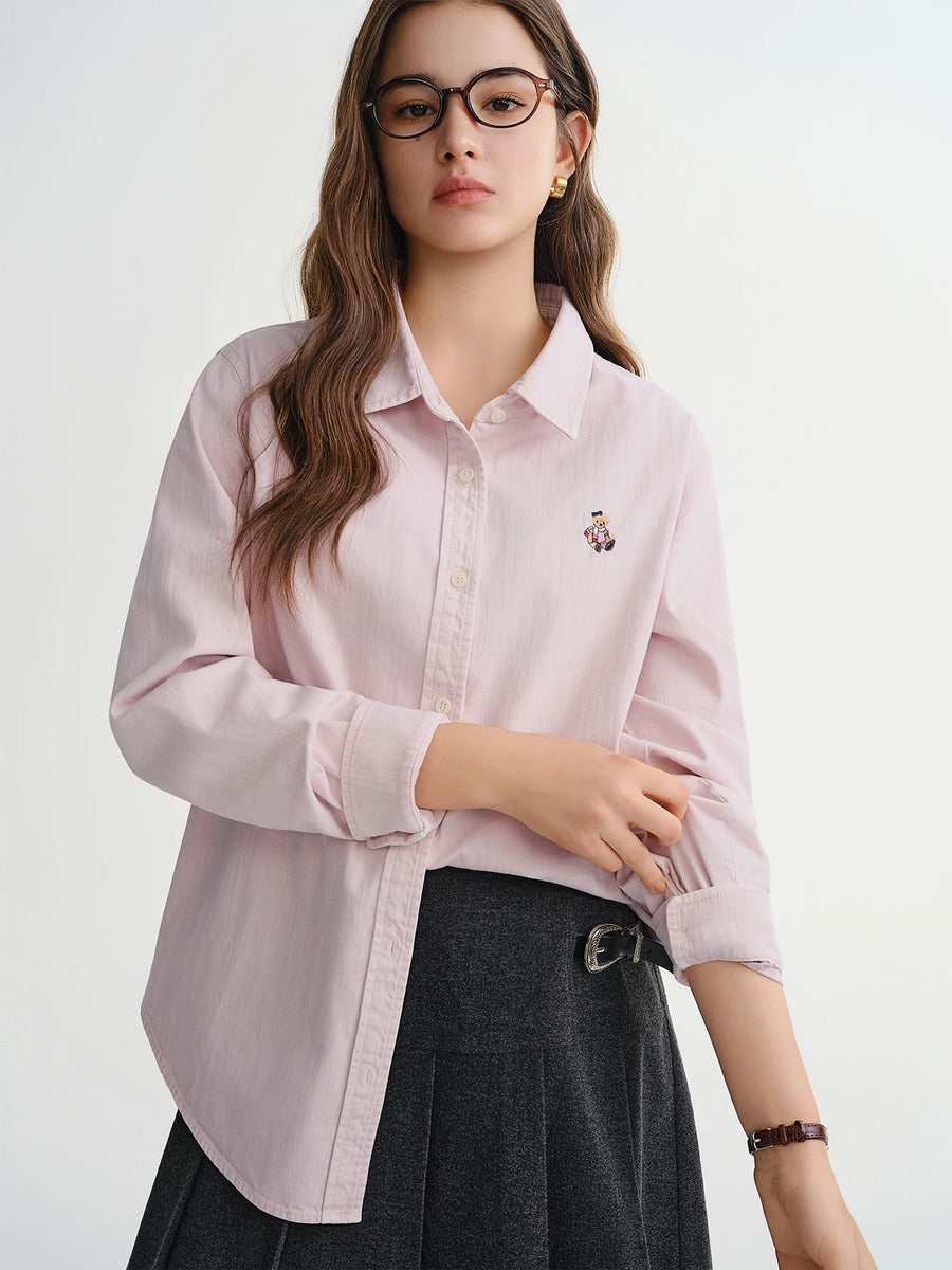 American Retro Bear-Embroidered Denim Shirt (Plus Size)