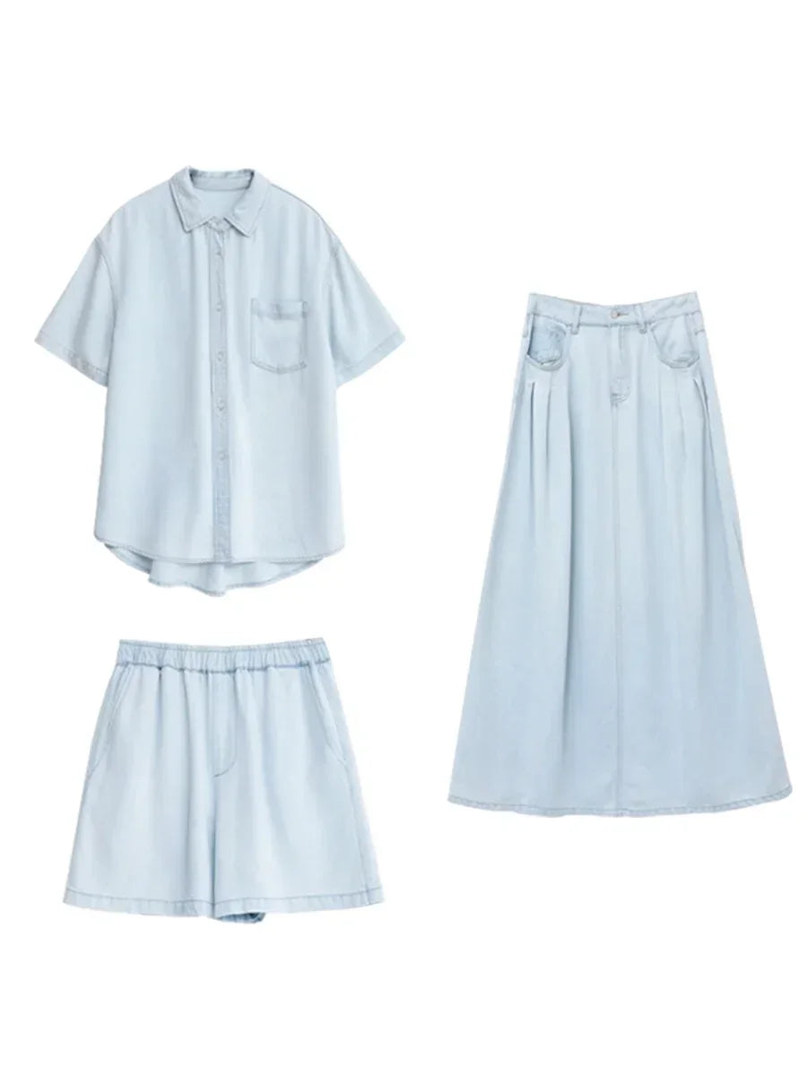 Blue Denim Set: Loose Shirt & Elastic Waist Shorts/Skirt Loran