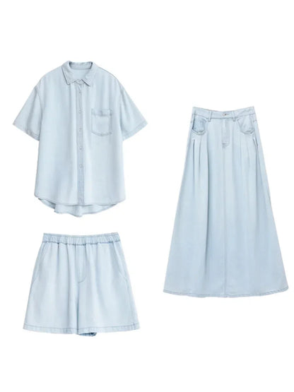 Blue Denim Set: Loose Shirt & Elastic Waist Shorts/Skirt Loran