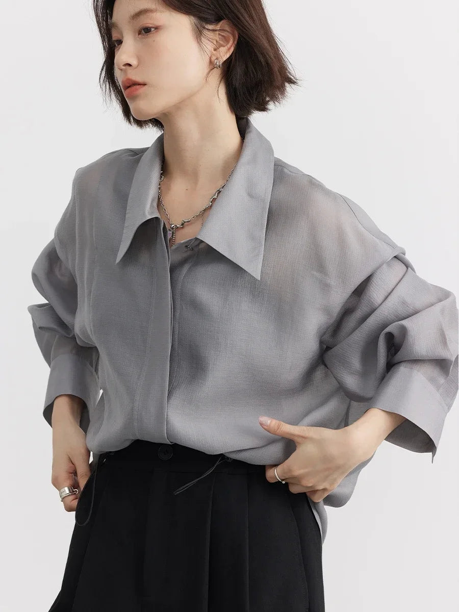 CHIC VEN Women Thin Shirt Long Sleeve Casual Loose Slightly Transparent Cool Blouses Woman Solid Design Female Top Summer 2024 Loran