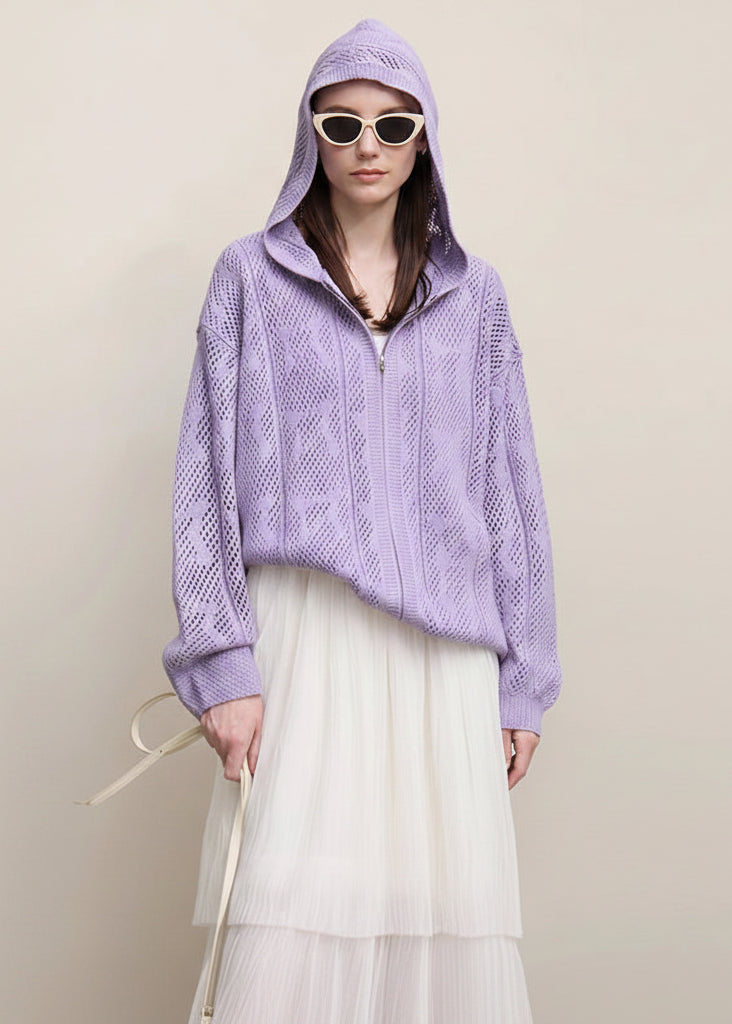 Amii Cardigan For Women 2026 Spring New Hollow Jacquard Wool Knitted Cardigan Casual Hooded Dual Zippers Loose Tops 12651032 Loran