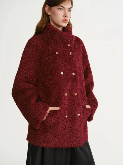 Plus Size Burgundy Faux Fur Coat - Loran