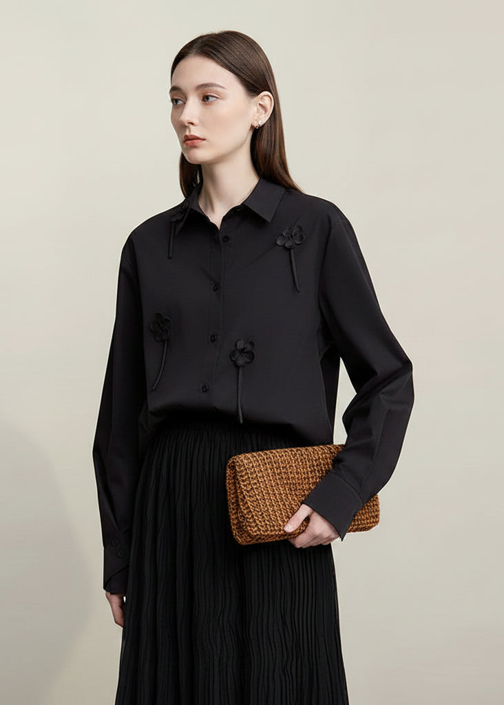 Amii All Cotton Women's Shirt 2026 Spring New Commuter Lapel Handmade Three-dimensional Flower Shirt Women's Loose Top 12641009 Loran