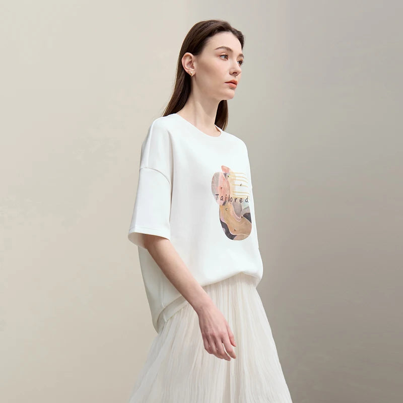Amii Women's T-shirt 2026 Spring New Casual Crew Neck Down Shoulder Sleeves Printing T-Shirt Women's Loose Cotton Top 12611006 Loran