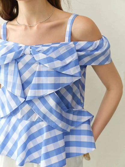 Asymmetric Checkered Blouse with Geometric Print - Loran