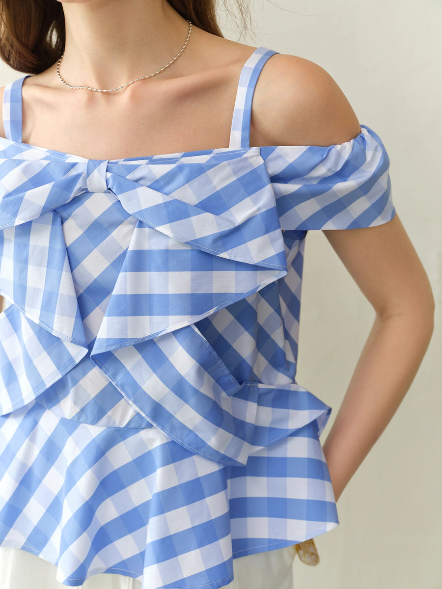 Asymmetric Checkered Blouse with Geometric Print