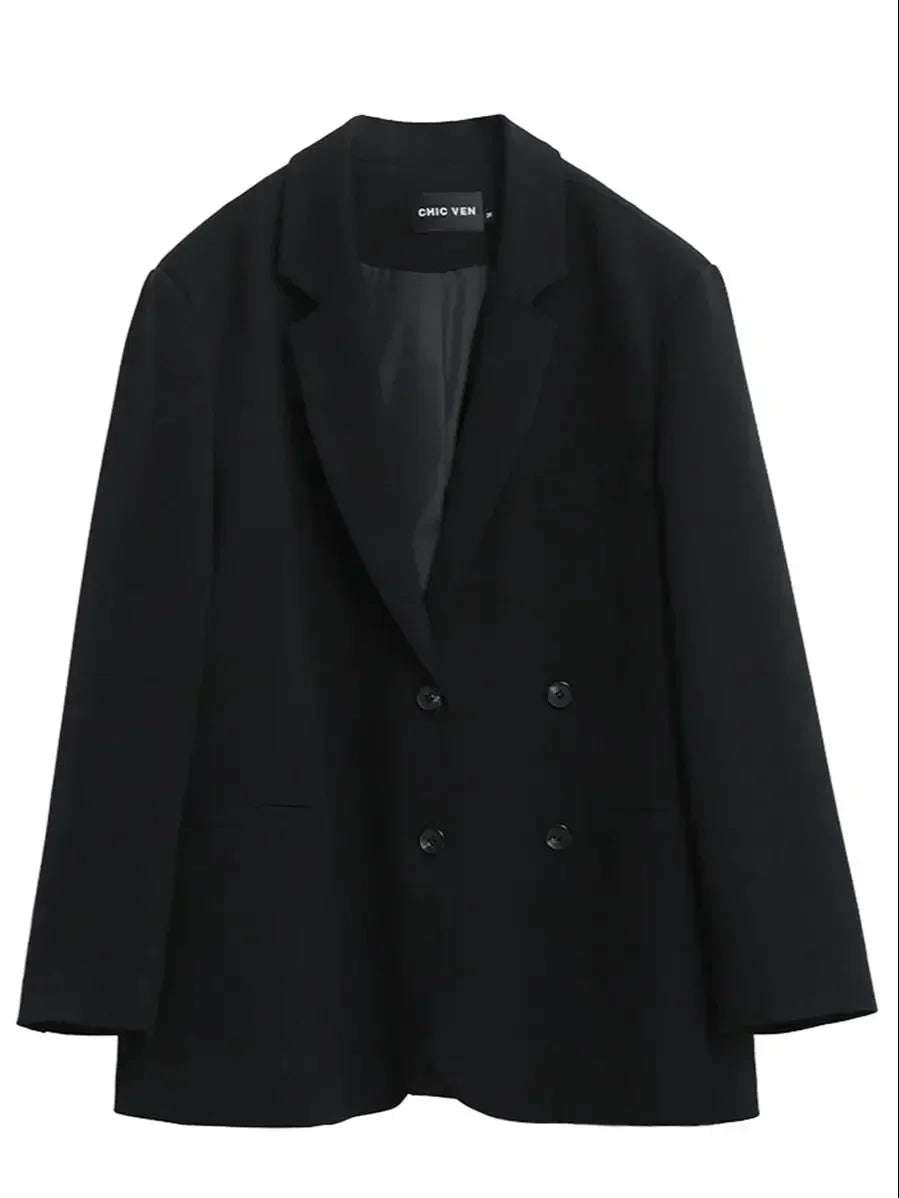 Double-Breasted Office Blazer Stylish Mid-Length Coat Loran