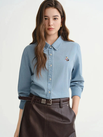 American Retro Bear-Embroidered Denim Shirt (Plus Size) - Loran