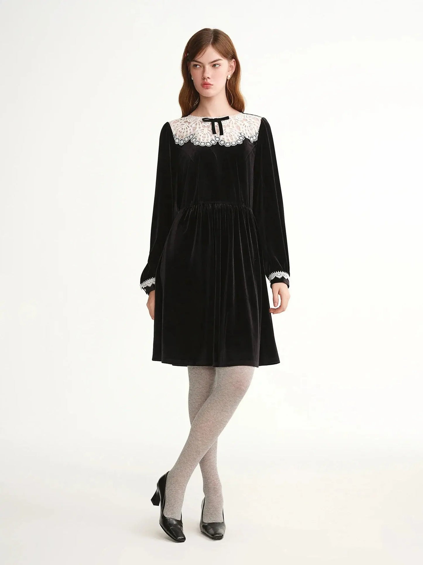Velvet Evening Gown with Scalloped Lace Trim LORAN STORE
