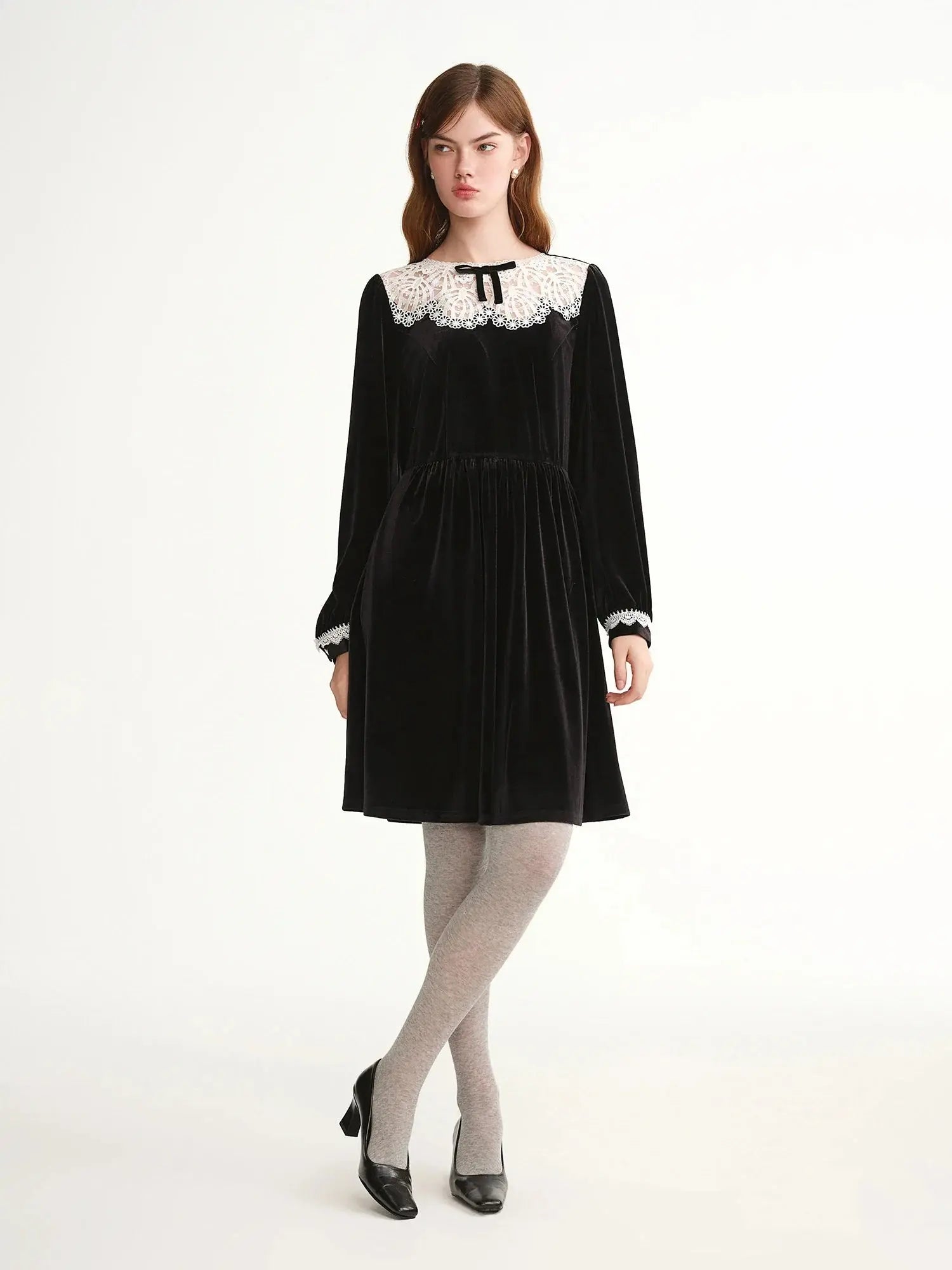 Velvet Evening Gown with Scalloped Lace Trim LORAN STORE